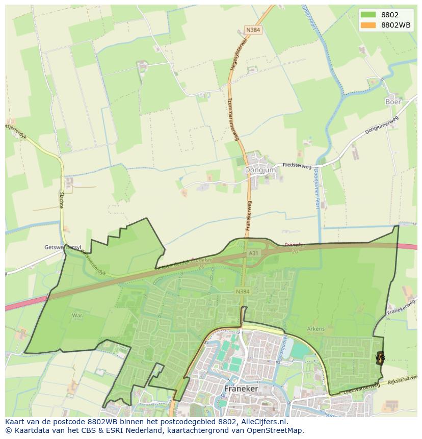 Afbeelding van het postcodegebied 8802 WB op de kaart.