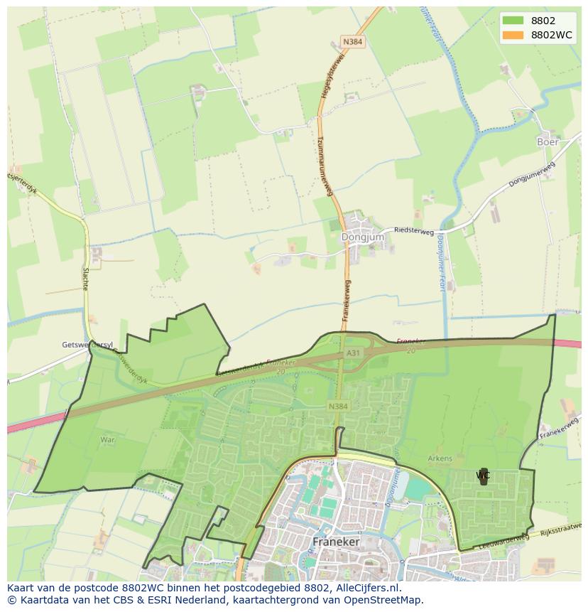Afbeelding van het postcodegebied 8802 WC op de kaart.