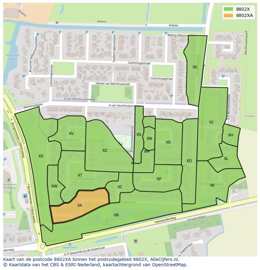 Afbeelding van het postcodegebied 8802 XA op de kaart.