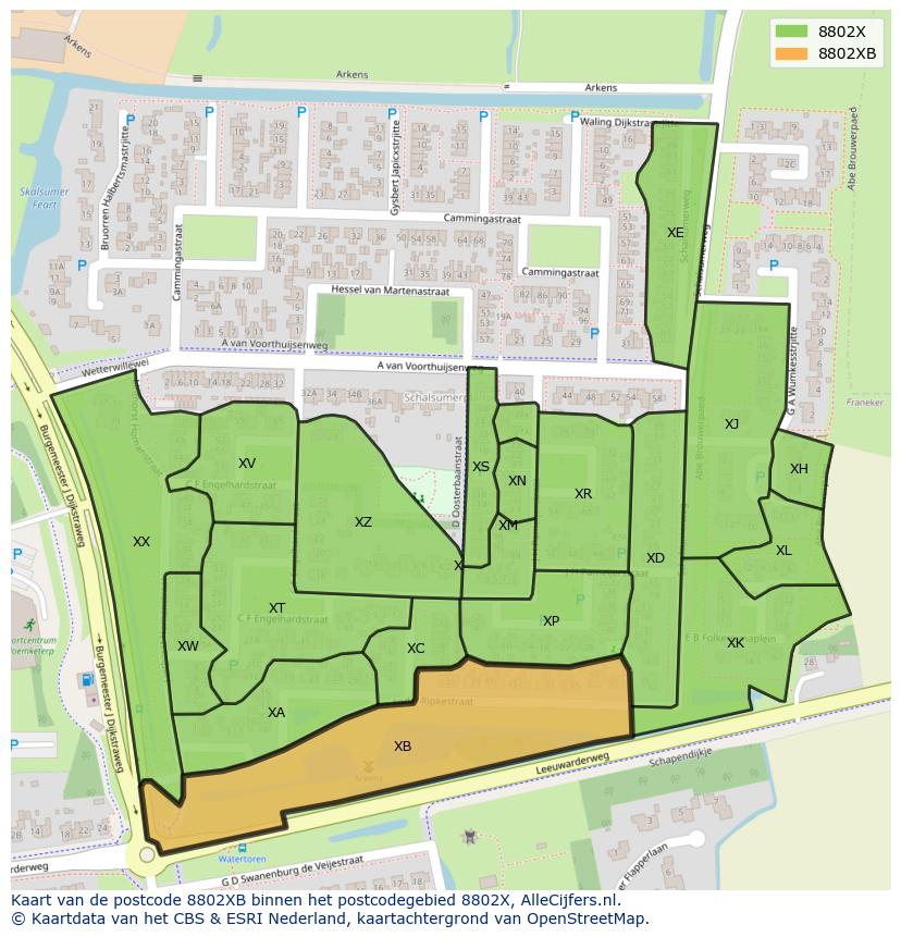 Afbeelding van het postcodegebied 8802 XB op de kaart.