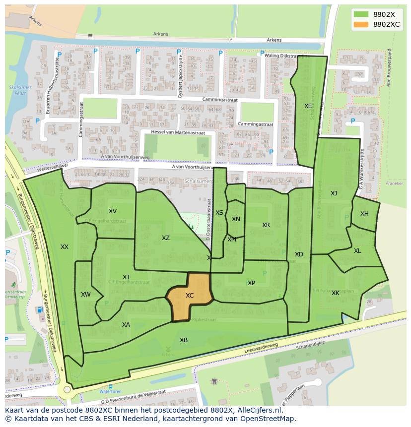 Afbeelding van het postcodegebied 8802 XC op de kaart.