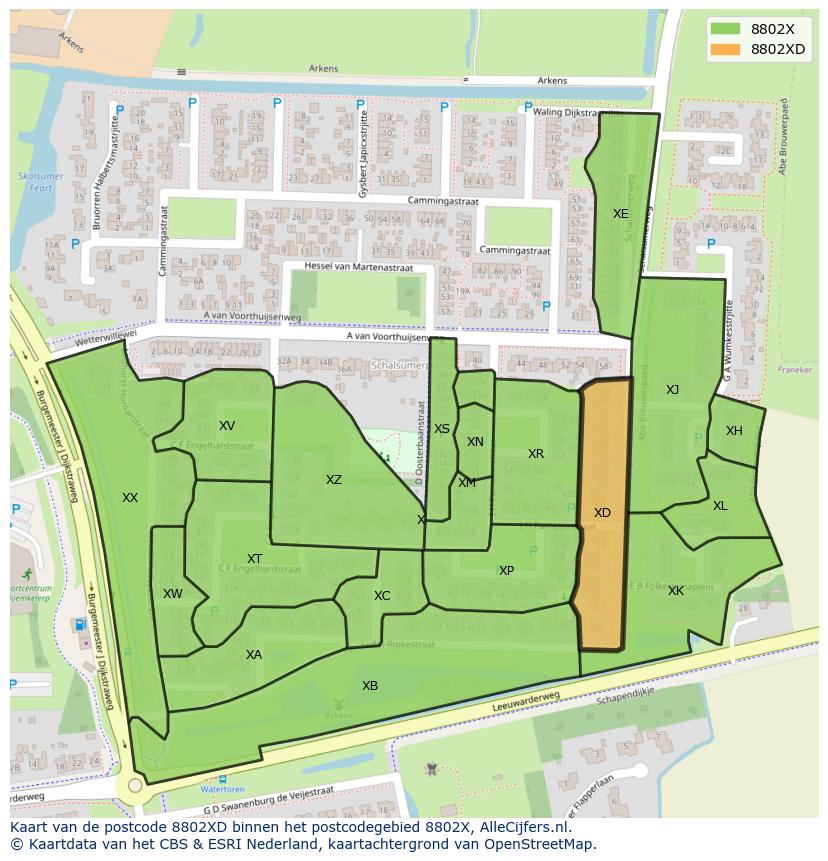 Afbeelding van het postcodegebied 8802 XD op de kaart.