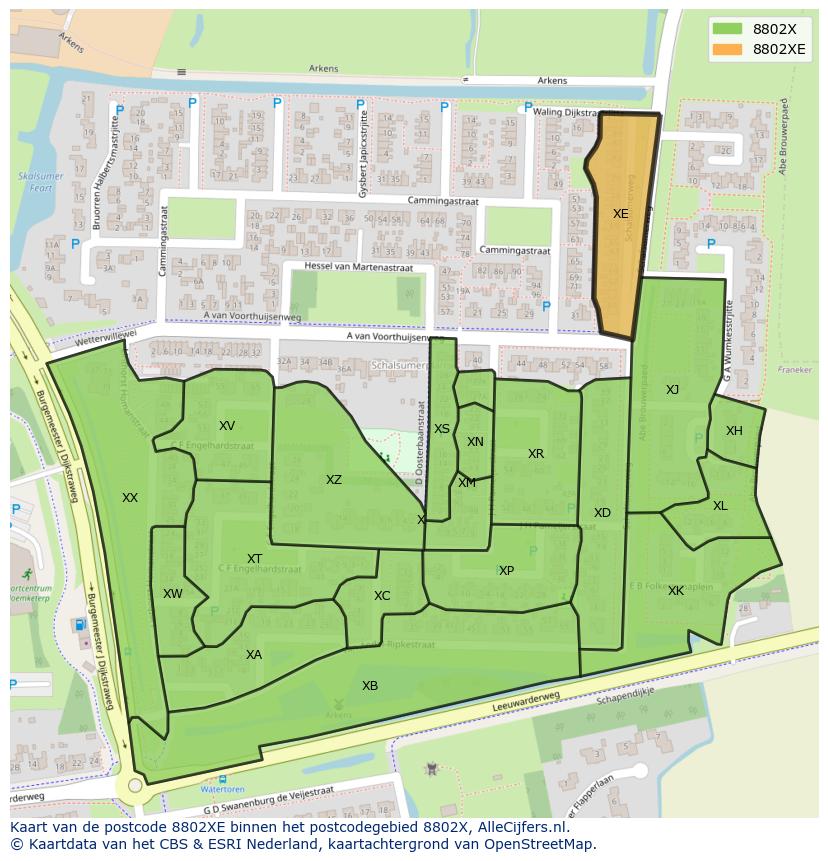 Afbeelding van het postcodegebied 8802 XE op de kaart.