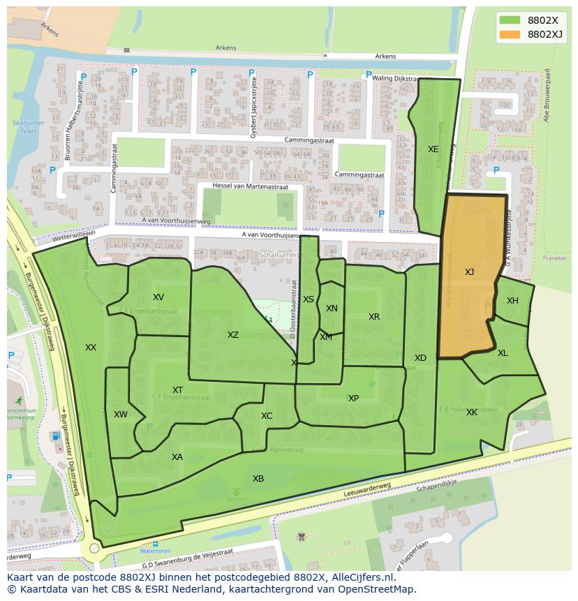 Afbeelding van het postcodegebied 8802 XJ op de kaart.