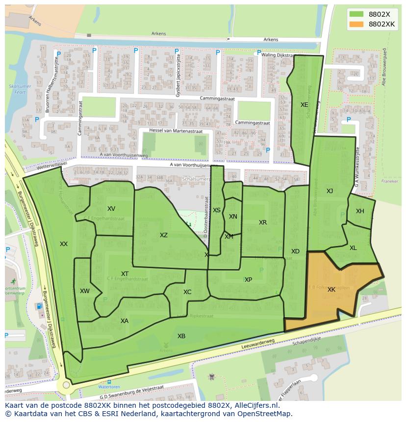 Afbeelding van het postcodegebied 8802 XK op de kaart.