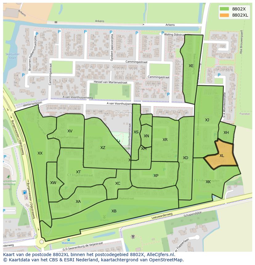 Afbeelding van het postcodegebied 8802 XL op de kaart.