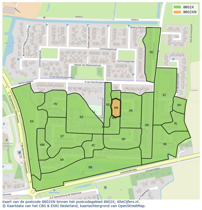 Afbeelding van het postcodegebied 8802 XN op de kaart.