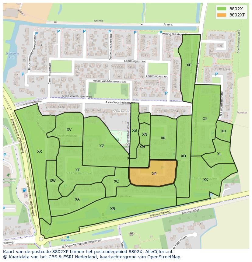 Afbeelding van het postcodegebied 8802 XP op de kaart.