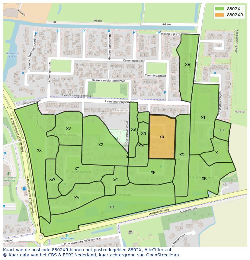 Afbeelding van het postcodegebied 8802 XR op de kaart.