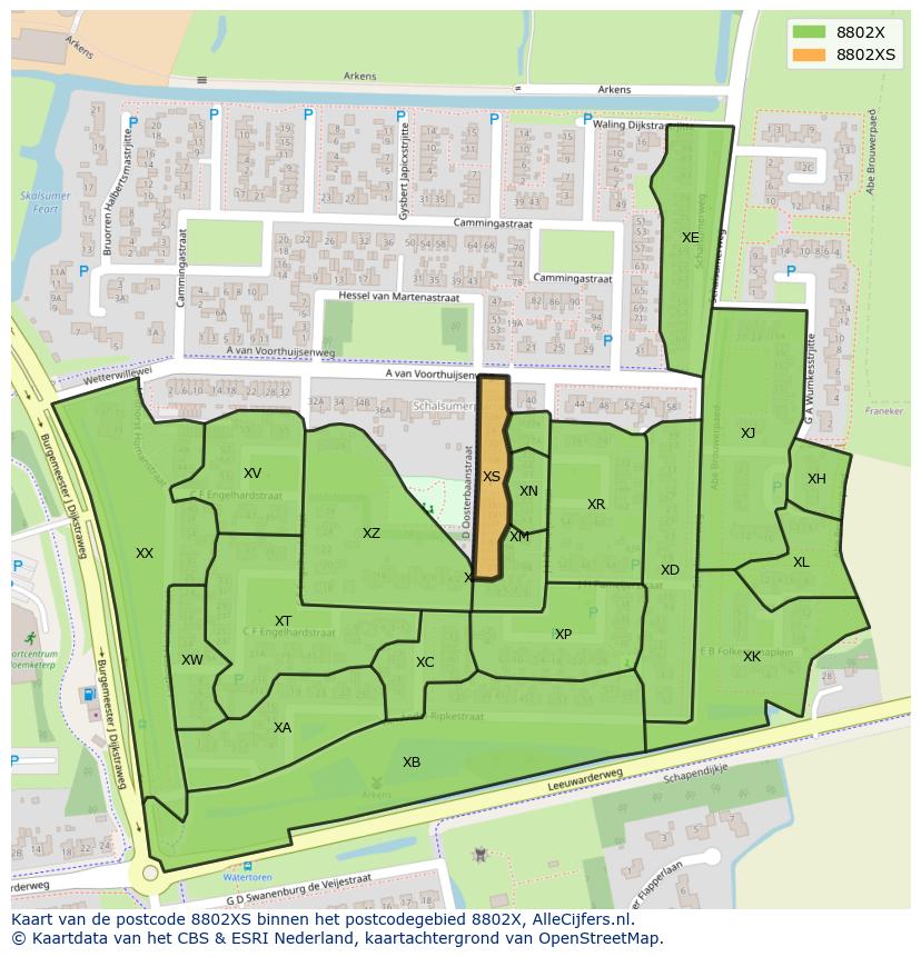 Afbeelding van het postcodegebied 8802 XS op de kaart.