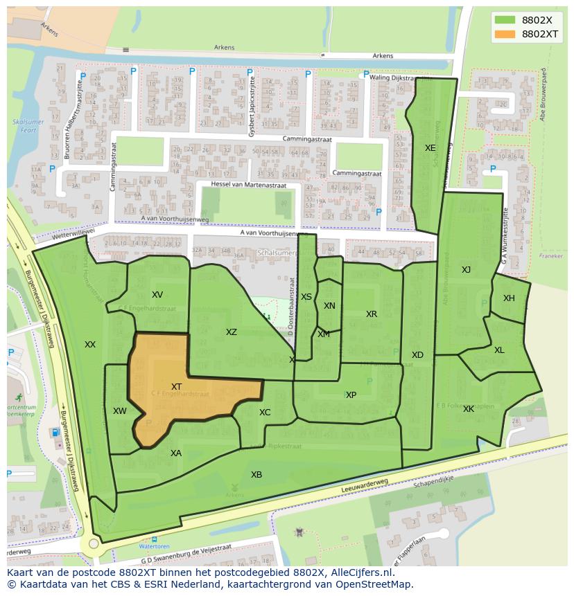 Afbeelding van het postcodegebied 8802 XT op de kaart.