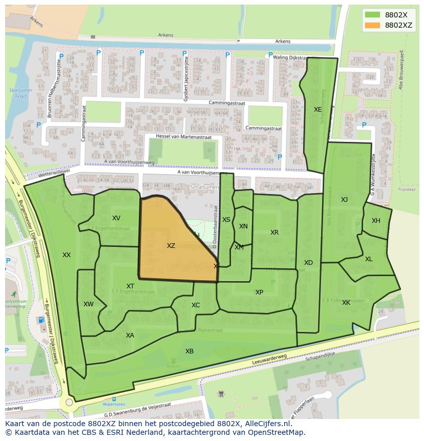 Afbeelding van het postcodegebied 8802 XZ op de kaart.