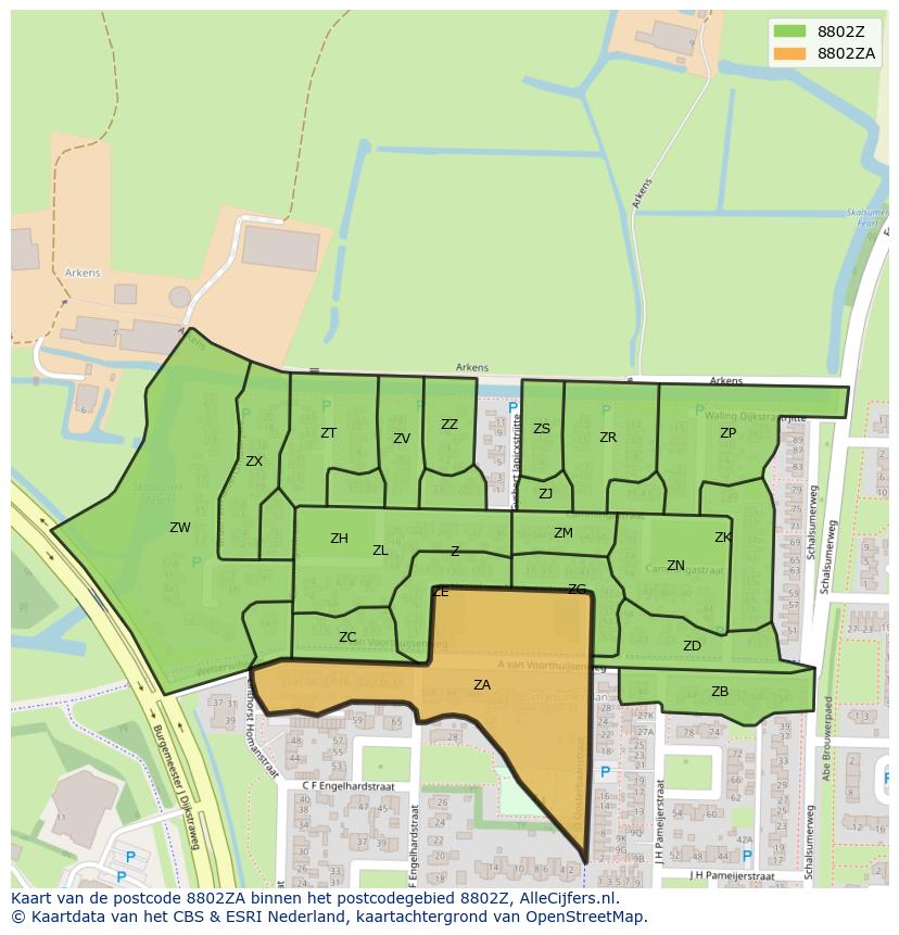 Afbeelding van het postcodegebied 8802 ZA op de kaart.