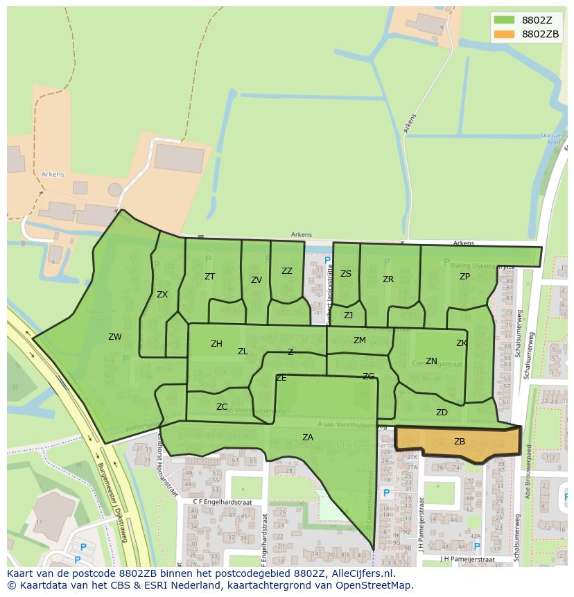 Afbeelding van het postcodegebied 8802 ZB op de kaart.