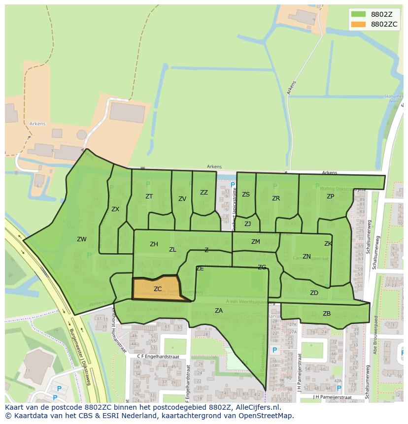 Afbeelding van het postcodegebied 8802 ZC op de kaart.
