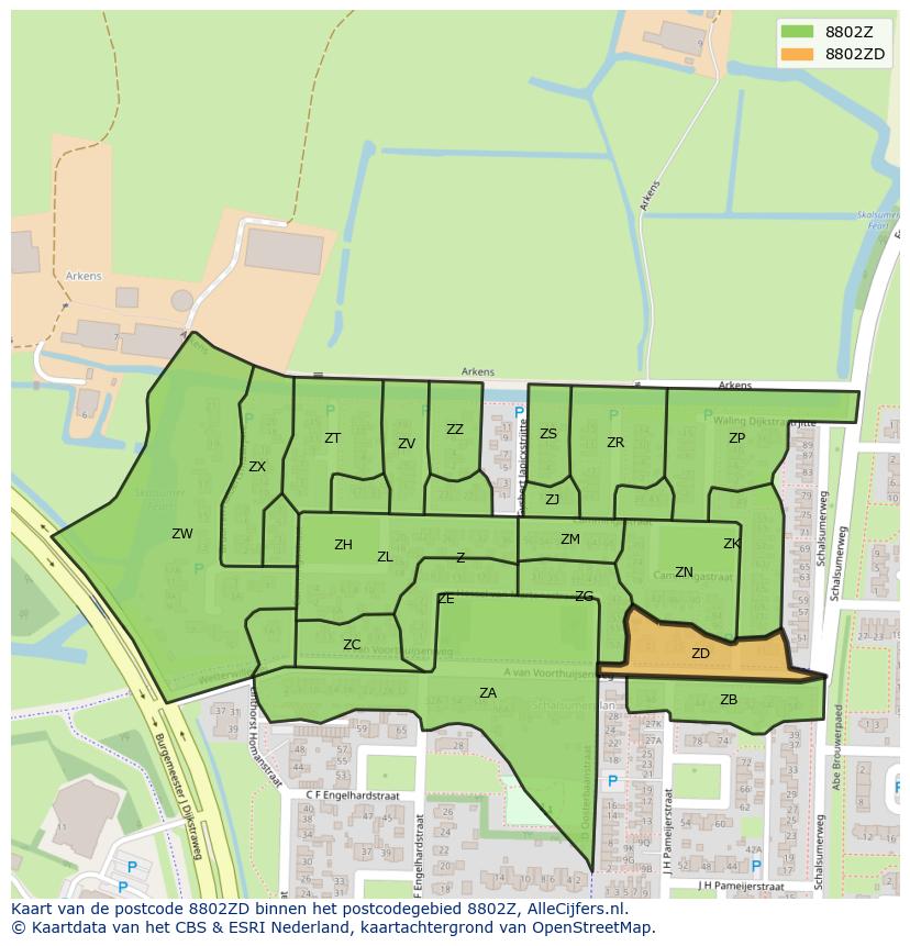 Afbeelding van het postcodegebied 8802 ZD op de kaart.