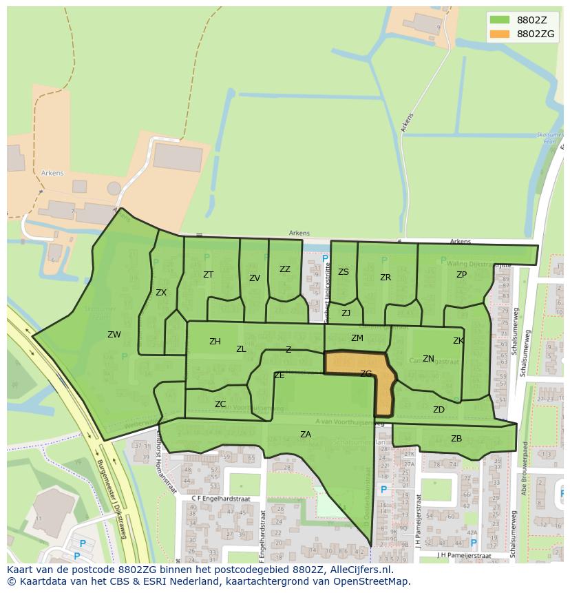 Afbeelding van het postcodegebied 8802 ZG op de kaart.