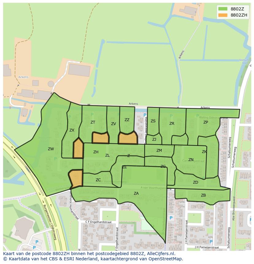 Afbeelding van het postcodegebied 8802 ZH op de kaart.