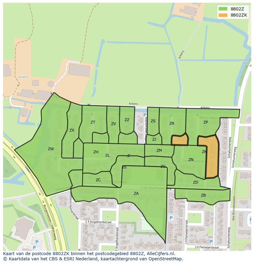 Afbeelding van het postcodegebied 8802 ZK op de kaart.