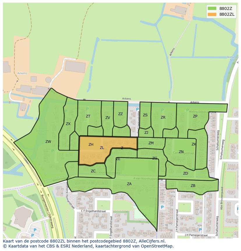 Afbeelding van het postcodegebied 8802 ZL op de kaart.