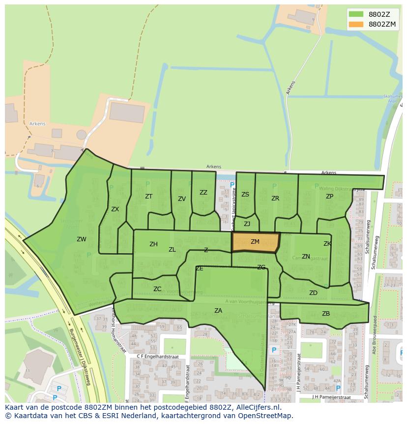 Afbeelding van het postcodegebied 8802 ZM op de kaart.