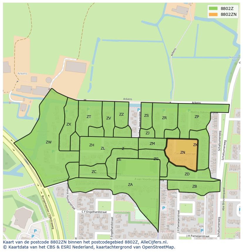 Afbeelding van het postcodegebied 8802 ZN op de kaart.