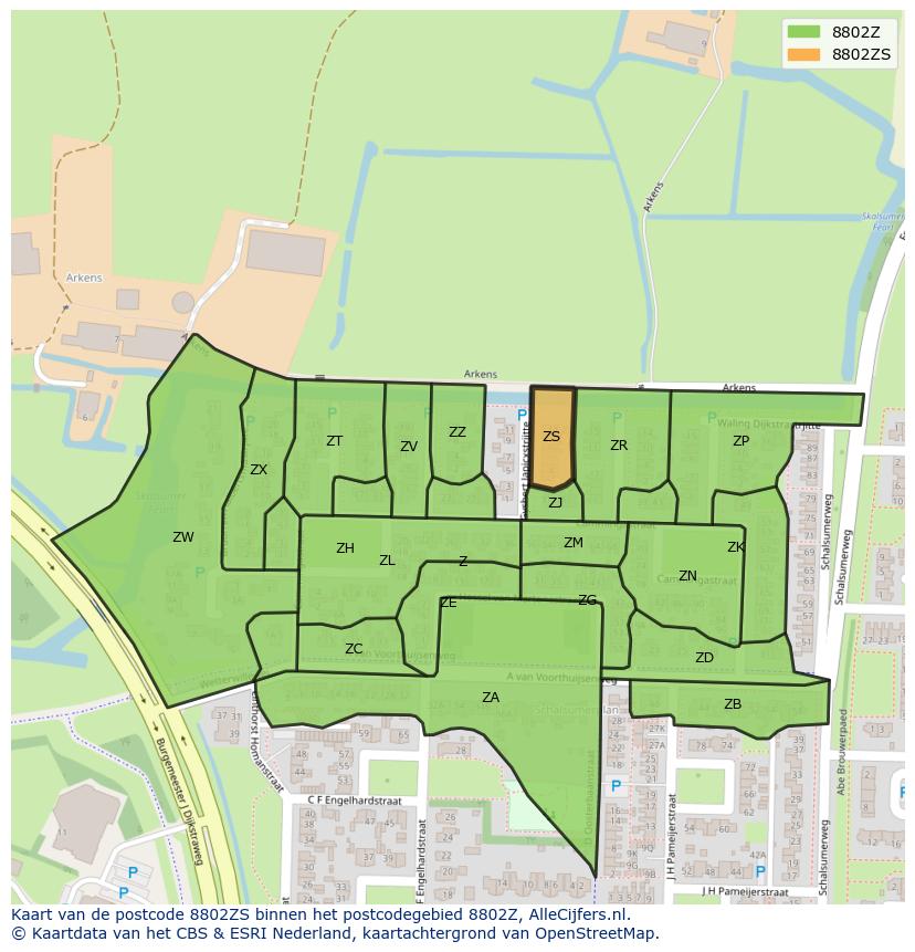 Afbeelding van het postcodegebied 8802 ZS op de kaart.