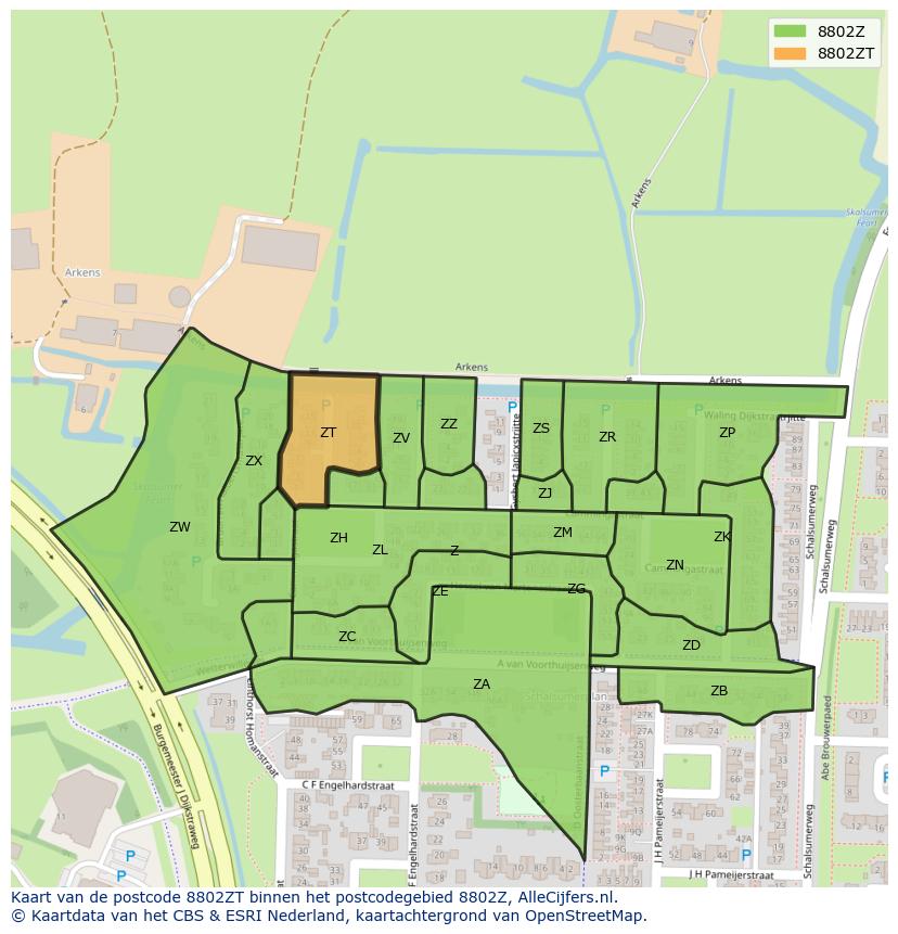 Afbeelding van het postcodegebied 8802 ZT op de kaart.