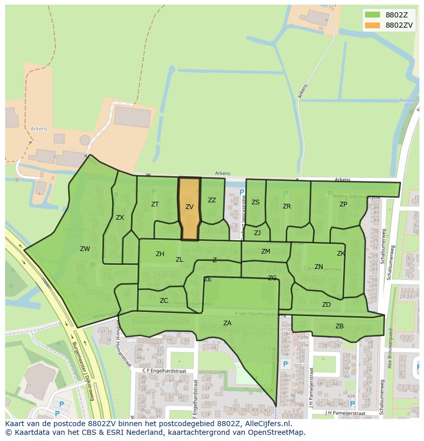 Afbeelding van het postcodegebied 8802 ZV op de kaart.