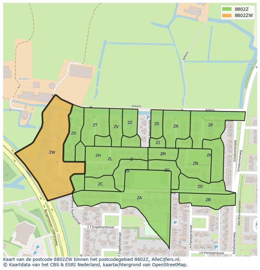 Afbeelding van het postcodegebied 8802 ZW op de kaart.