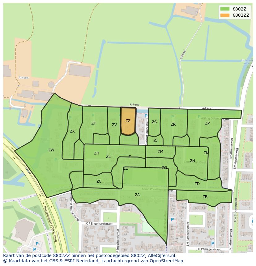 Afbeelding van het postcodegebied 8802 ZZ op de kaart.