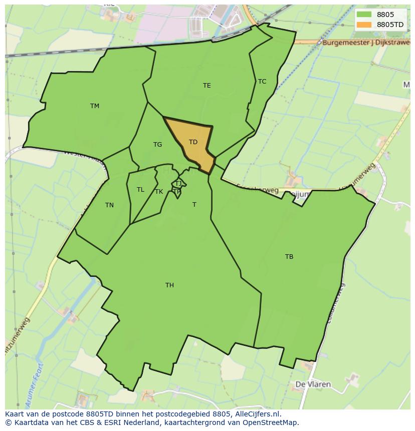 Afbeelding van het postcodegebied 8805 TD op de kaart.