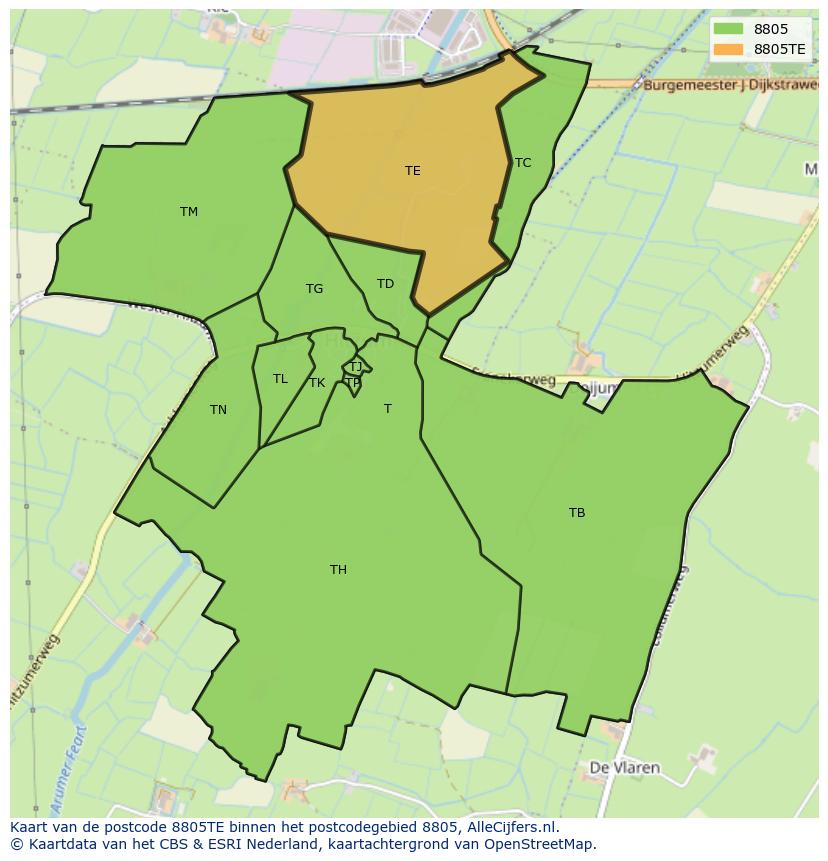 Afbeelding van het postcodegebied 8805 TE op de kaart.