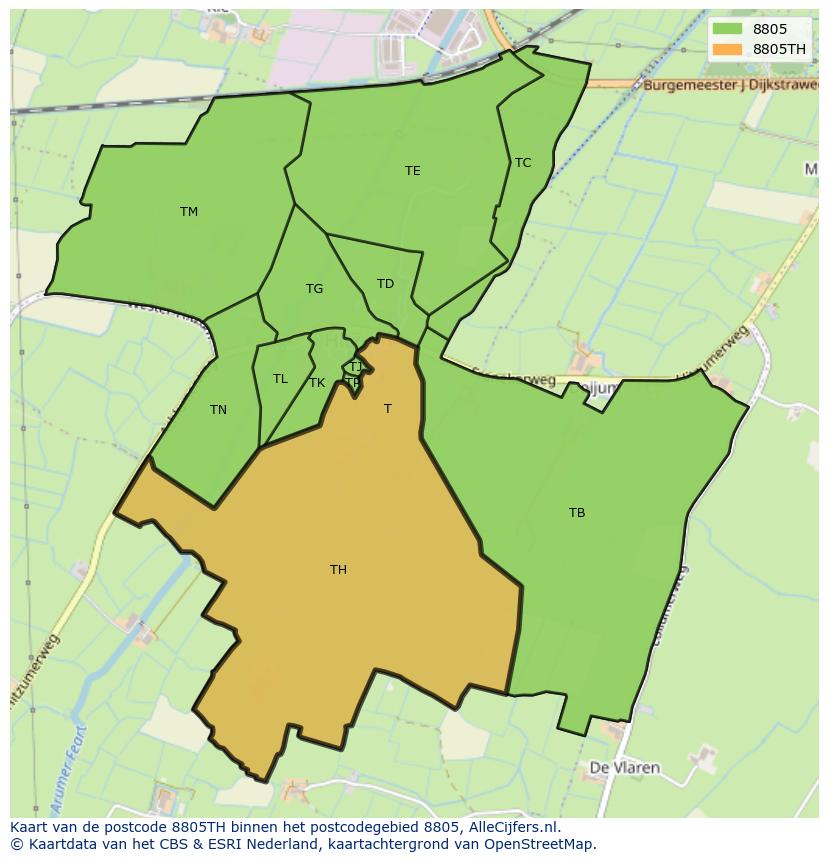 Afbeelding van het postcodegebied 8805 TH op de kaart.