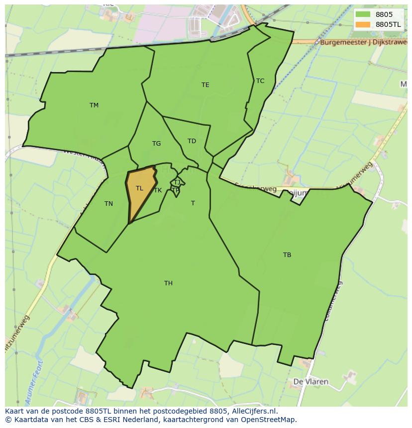 Afbeelding van het postcodegebied 8805 TL op de kaart.