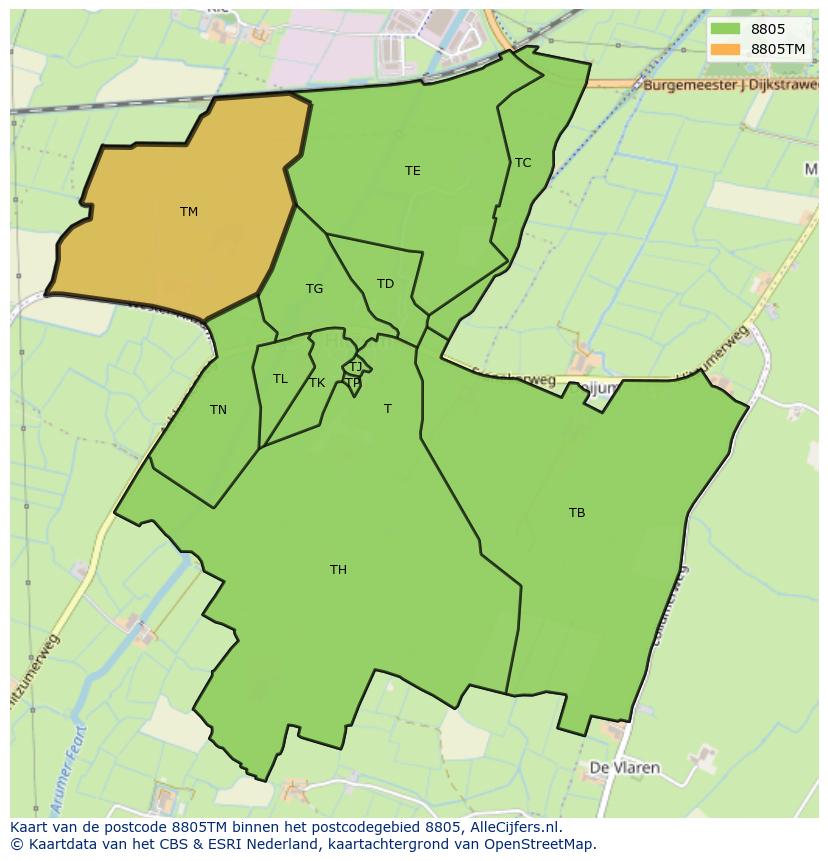 Afbeelding van het postcodegebied 8805 TM op de kaart.