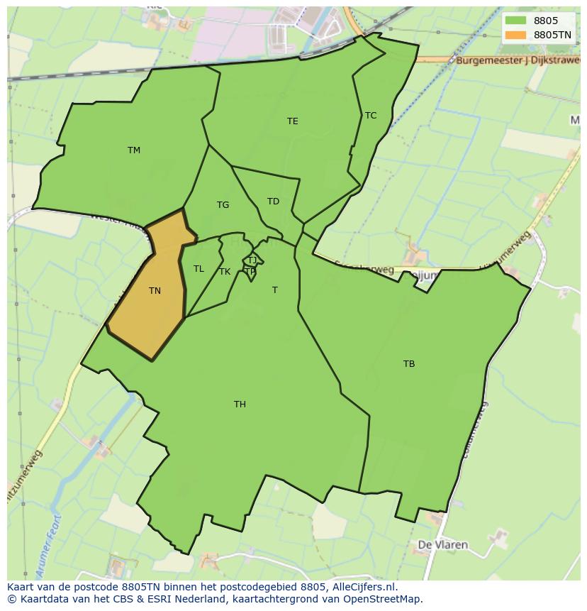 Afbeelding van het postcodegebied 8805 TN op de kaart.