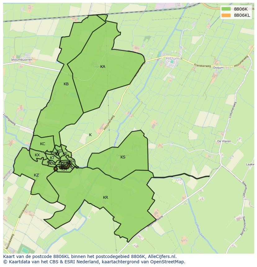 Afbeelding van het postcodegebied 8806 KL op de kaart.