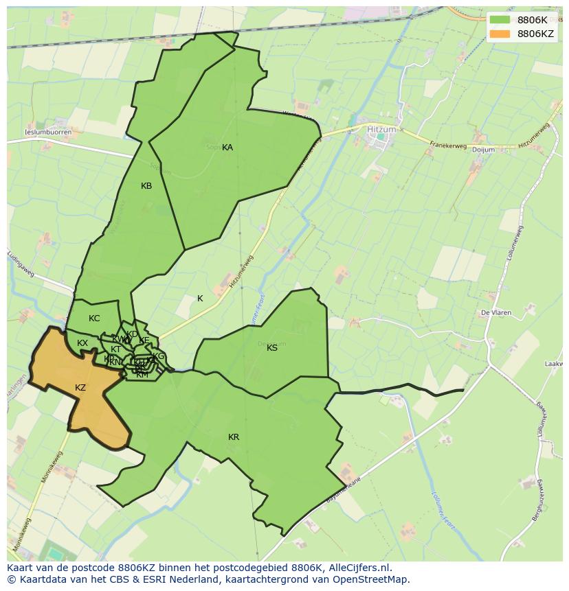 Afbeelding van het postcodegebied 8806 KZ op de kaart.
