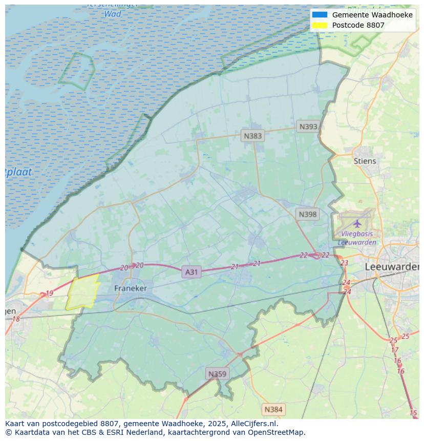 Afbeelding van het postcodegebied 8807 op de kaart.