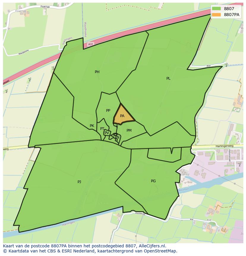 Afbeelding van het postcodegebied 8807 PA op de kaart.