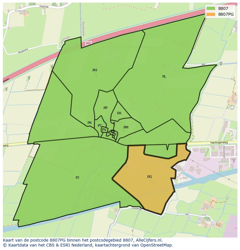 Afbeelding van het postcodegebied 8807 PG op de kaart.