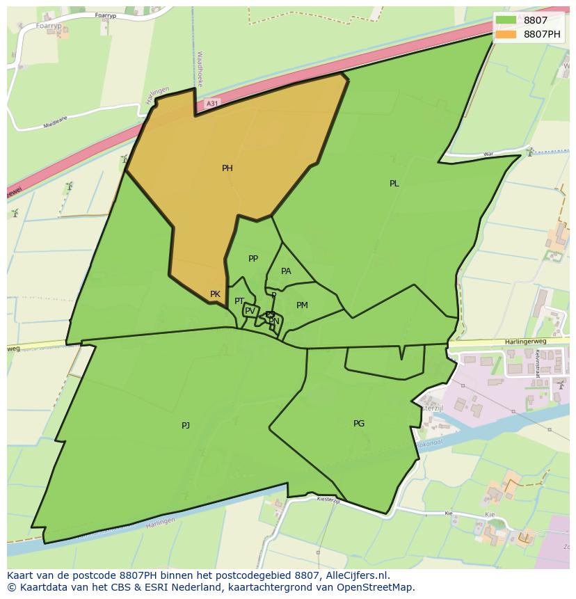 Afbeelding van het postcodegebied 8807 PH op de kaart.