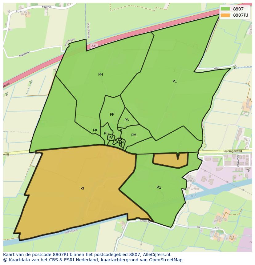 Afbeelding van het postcodegebied 8807 PJ op de kaart.
