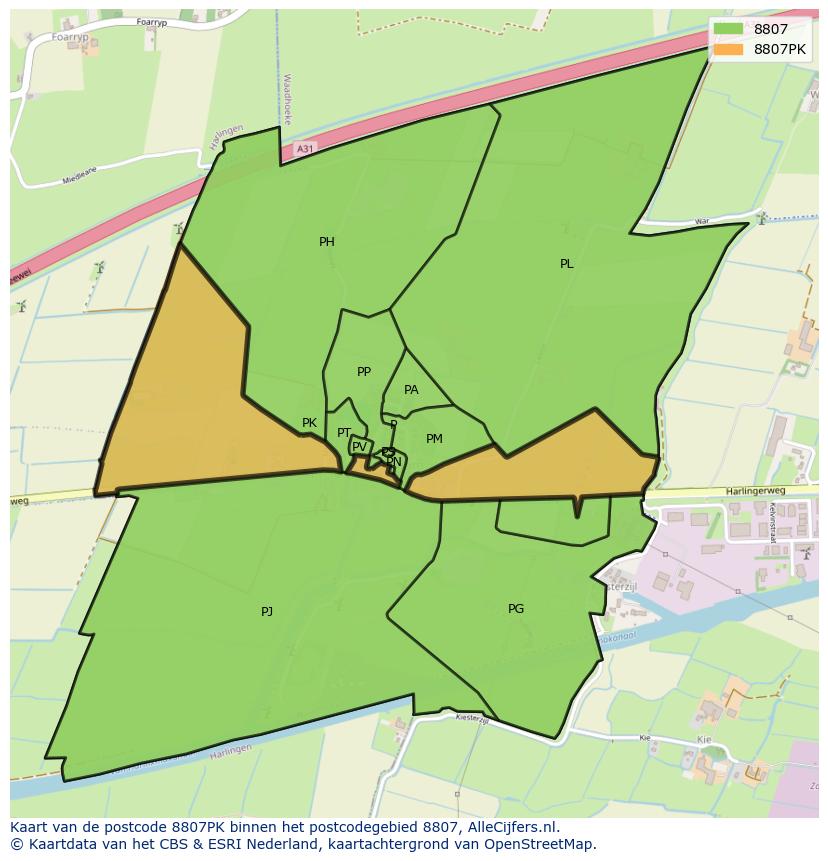 Afbeelding van het postcodegebied 8807 PK op de kaart.