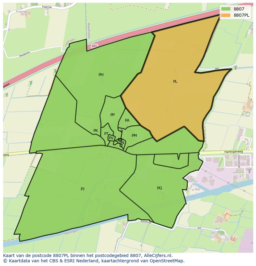 Afbeelding van het postcodegebied 8807 PL op de kaart.