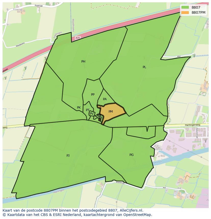 Afbeelding van het postcodegebied 8807 PM op de kaart.