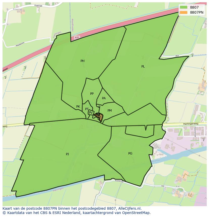 Afbeelding van het postcodegebied 8807 PN op de kaart.