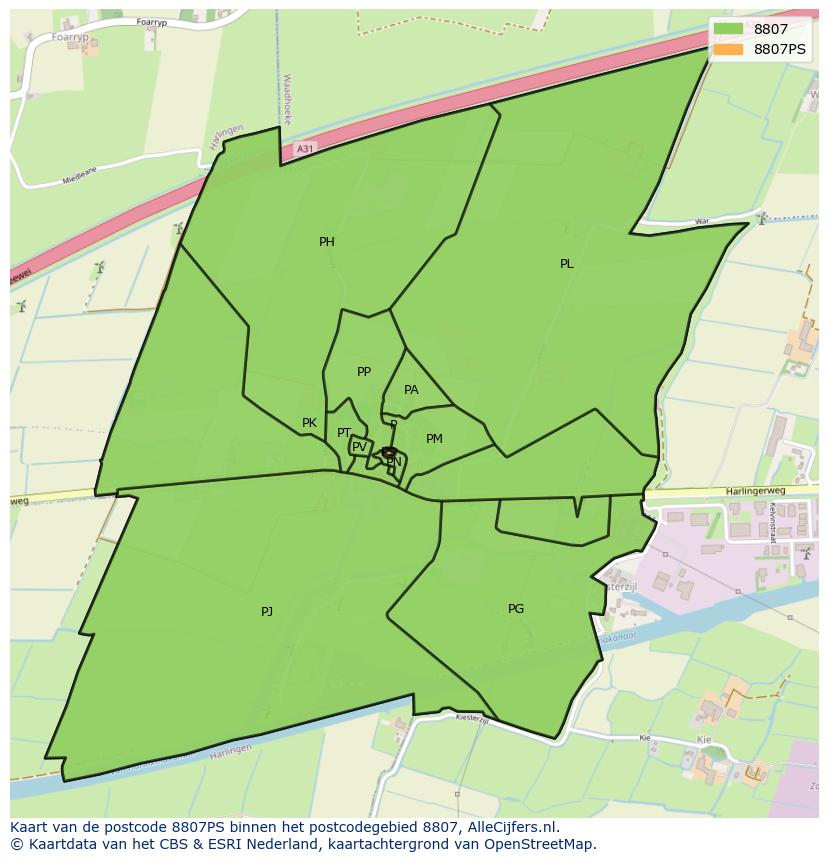 Afbeelding van het postcodegebied 8807 PS op de kaart.