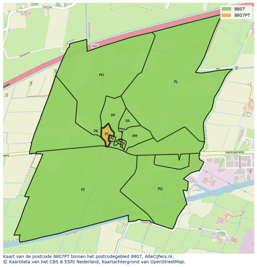 Afbeelding van het postcodegebied 8807 PT op de kaart.